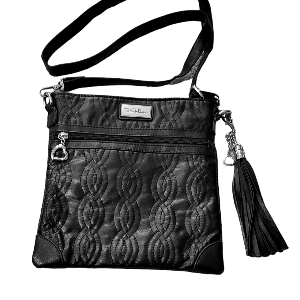Bella Russo Black crossbody bag. Quilted look, Silver hardware.